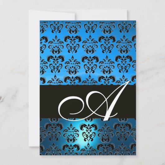 BLUE BLACK DAMASK MONOGRAMM, hell weiß Einladung (Vorderseite)