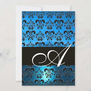 BLUE BLACK DAMASK MONOGRAMM, hell weiß Einladung