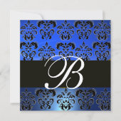BLUE BLACK DAMASK MONOGRAMM, Helles Gold weiß Einladung (Vorderseite)