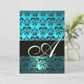 BLUE BLACK DAMASK MONOGRAMM, hellweißer Turquase Einladung (Stehend Vorderseite)