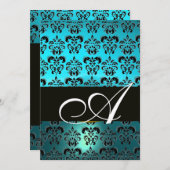 BLUE BLACK DAMASK MONOGRAMM, hellweißer Turquase Einladung (Vorne/Hinten)