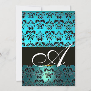 BLUE BLACK DAMASK MONOGRAMM, hellweißer Turquase Einladung