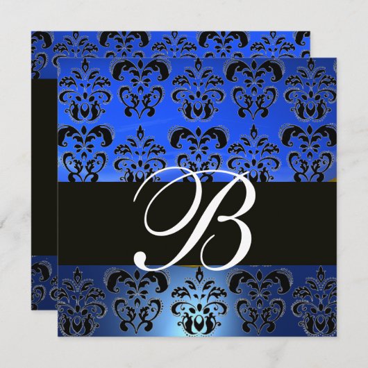 BLUE BLACK DAMASK MONOGRAMM, weiß Einladung (Vorne/Hinten)