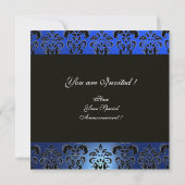 BLUE BLACK DAMASK MONOGRAMM, weiß Einladung (Rückseite)