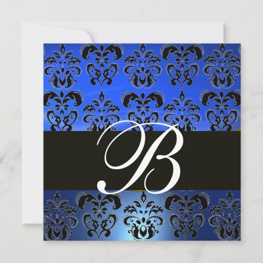 BLUE BLACK DAMASK MONOGRAMM, weiß Einladung (Vorderseite)