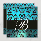 BLUE BLACK DAMASK MONOGRAMM, weißer Turquase Einladung (Vorne/Hinten)