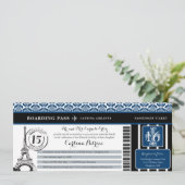 Blue Black Damask Quinceanera Paris Boarding Pass Einladung (Stehend Vorderseite)