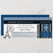 Blue Black Damask Quinceanera Paris Boarding Pass Einladung (Vorne/Hinten)