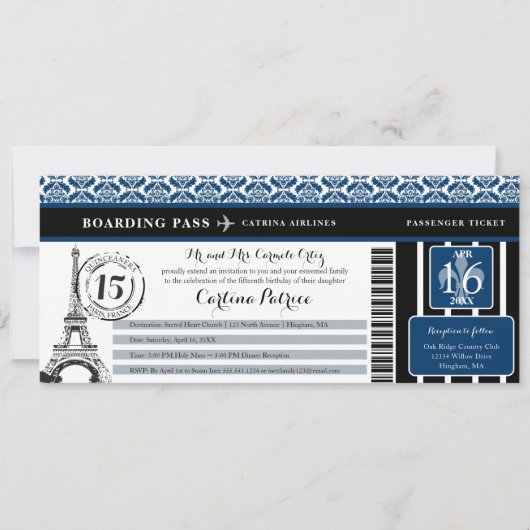 Blue Black Damask Quinceanera Paris Boarding Pass Einladung (Vorderseite)