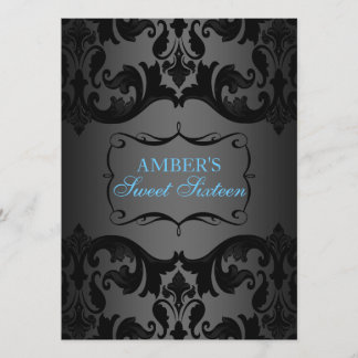 Blue & Black Damask Sweet 16 Birthday Einladung