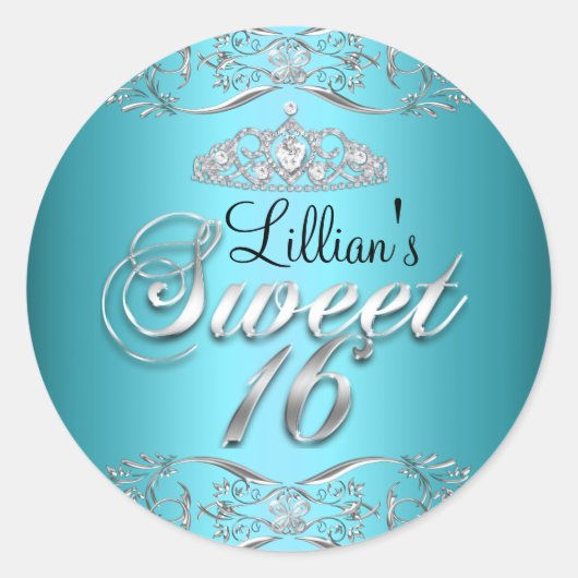 Blue Black Damask & Tiara Sweet 16 Sticker (Vorderseite)