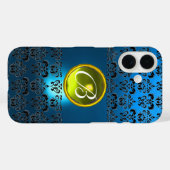 BLUE BLACK DAMASK YELLOW GEM MONOGRAMM Case-Mate iPhone HÜLLE (Rückseite (Horizontal))