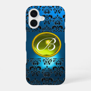 BLUE BLACK DAMASK YELLOW GEM MONOGRAMM iPhone 16 HÜLLE