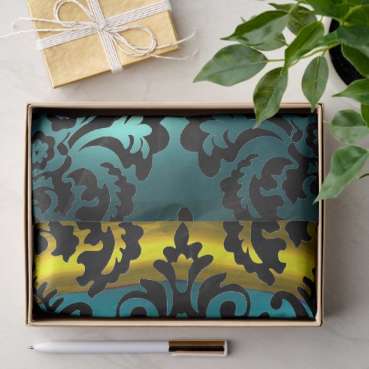 BLUE BLACK DAMASK YELLOW GEMSTONE MONOGRAMM SEIDENPAPIER (Geschenk)