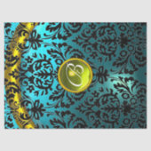 BLUE BLACK DAMASK YELLOW GEMSTONE MONOGRAMM SEIDENPAPIER (Vorderseite)