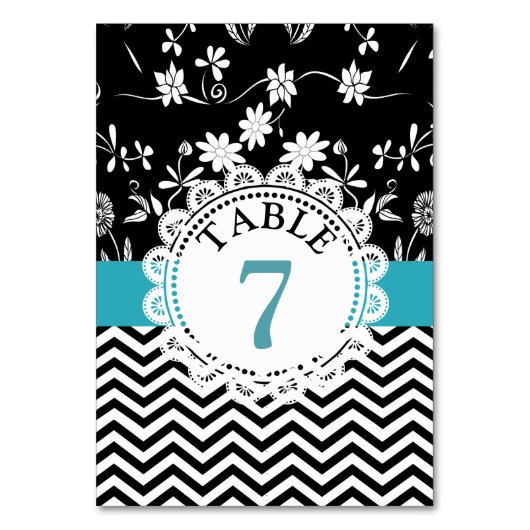 Blue Black Floral Wedding Tischnummer Card (Vorderseite)