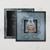 Blue & Black Foto Frame Sweet16 Geburtstag Einladu Einladung (Vorne/Hinten)