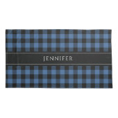 Blue & Black Gingham Kariert Bauernhof Muster Name Kissenbezug (Rückseite)