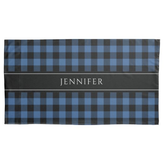 Blue & Black Gingham Kariert Bauernhof Muster Name Kissenbezug (Vorderseite)