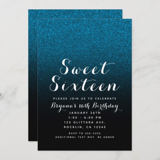 Blue & Black Glitzer Sparkle Glam Sweet 16 Party Einladung (Vorne/Hinten)