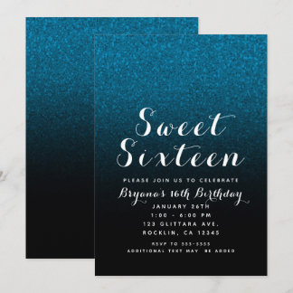 Blue & Black Glitzer Sparkle Glam Sweet 16 Party Einladung