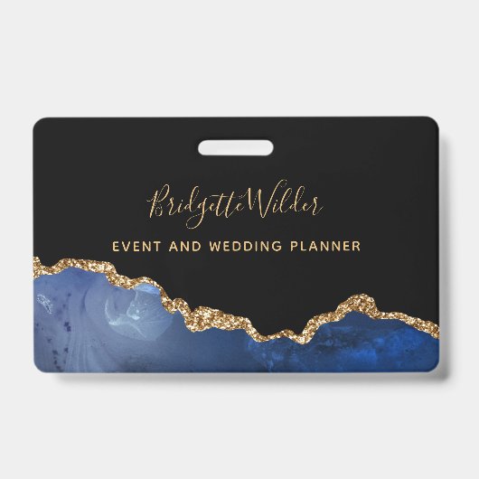 Blue Black Gold Foil Agate Event Planner Ausweis (Vorderseite)