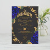 Blue Black Gold Glitzern Butterfly Quinceñera Einladung (Stehend Vorderseite)