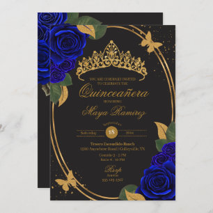 Blue Black Gold Glitzern Butterfly Quinceñera Einladung