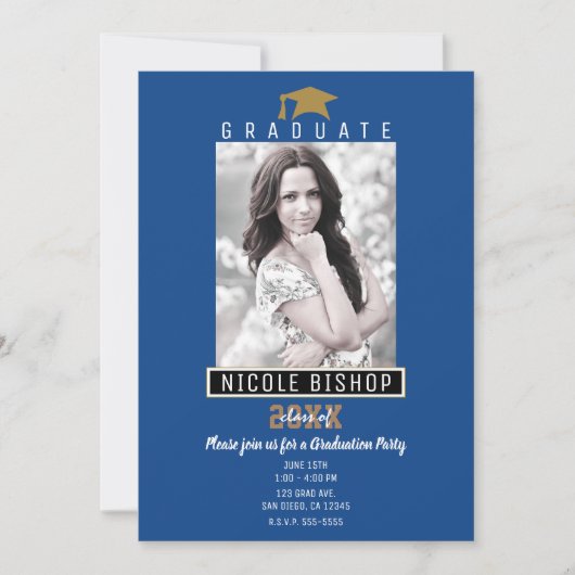 Blue Black Gold Modernes Abschluss Foto Party Einladung (Vorderseite)