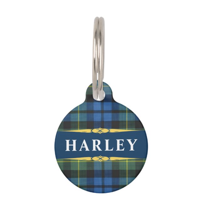 Blue Black Gold Tartan Plaid Personalized Haustiermarke (Vorderseite)