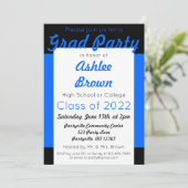 Blue Black Grad Party Bold Abschluss Einladung (Stehend Vorderseite)