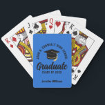 Blue Black Graduate Custom Graduation Spielkarten<br><div class="desc">This modern blue and black custom senior graduate playing cards deck features classy typography of your high school or college name for the class of 2026. Customize with your graduating year under the chic handwritten script and grad cap for a great personalized graduation party favor.</div>