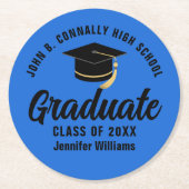 Blue Black Graduate Personalisiert Graduate Party Runder Pappuntersetzer (Vorderseite)
