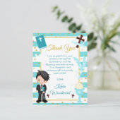 Blue Black Hair Boy Erste Kommune Vielen Dank Postkarte (Stehend Vorderseite)