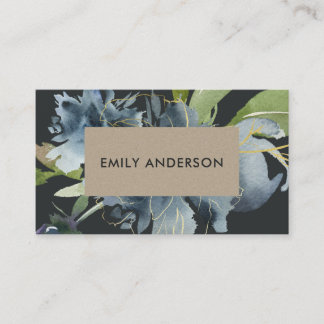BLUE BLACK KRAFT GREEN GOLD FLORAL WATERCOLOR VISITENKARTE