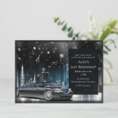 Blue & Black Limo Night in City Birthday Party Einladung (Stehend Vorderseite)