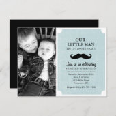 Blue & Black Mustache Foto Einladung zum Geburtsta (Vorne/Hinten)