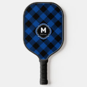 Blue Black Plaid Monogram Name Pickleball Schläger (Vorderseite)