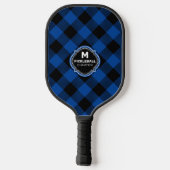 Blue Black Plaid Monogram Name Pickleball Schläger (Rückseite)
