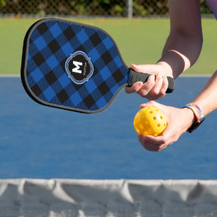 Blue Black Plaid Monogram Name Pickleball Schläger