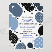 Blue & Black Polka Dot Balloons 1ST Party Einladung (Vorne/Hinten)
