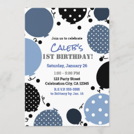 Blue & Black Polka Dot Balloons 1ST Party Einladung