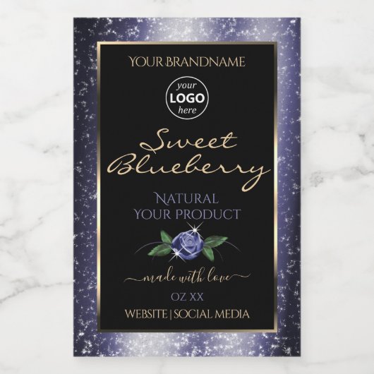 Blue Black Product Labels Sparkling Glitzer Logo Lebensmitteletikett (Einzelnes Label)