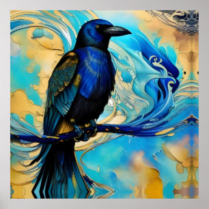 Blue Black Raven auf Blue und Gold abstrakt Poster