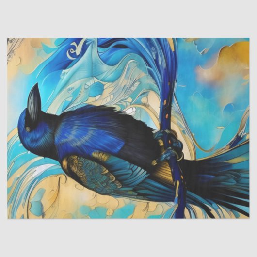Blue Black Raven auf Blue und Gold abstrakt Seidenpapier (Vorderseite)