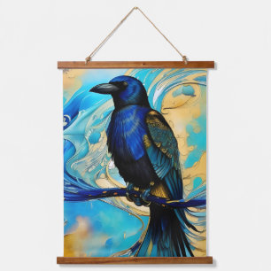 Blue Black Raven auf Blue und Gold abstrakt Wandteppich Mit Holzrahmen