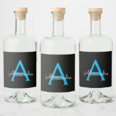 Blue Black Script Giron Monogram Name Alkoholflaschenetikett (Flaschen)