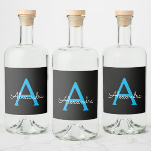 Blue Black Script Giron Monogram Name Alkoholflaschenetikett