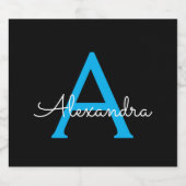 Blue Black Script Giron Monogram Name Alkoholflaschenetikett (Einzelnes Label)