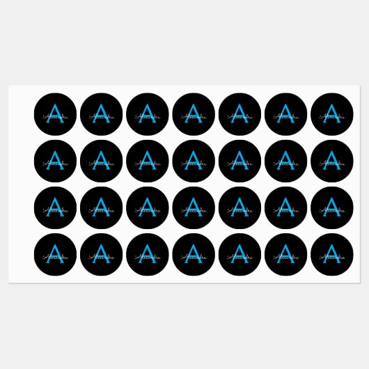 Blue Black Script Giron Monogram Name Etiketten (Blatt)